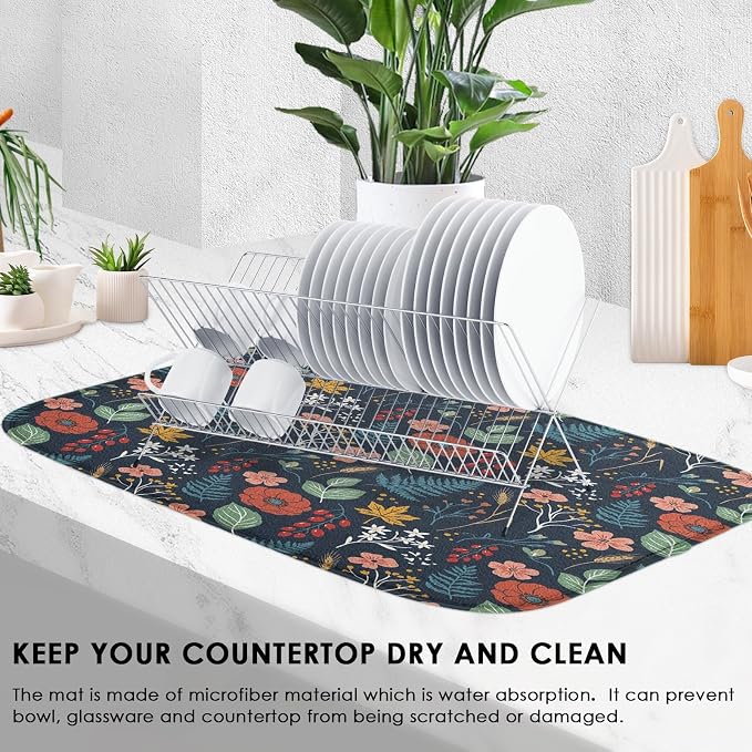 Sanwarm Absorbent Dish Drying Mat, All Lace Colorful Flowers Ornaments Microfiber Pad for Kitchen Counter, Coffee Bar Decor, Heat Resistant and Reversible, 18" x 24"