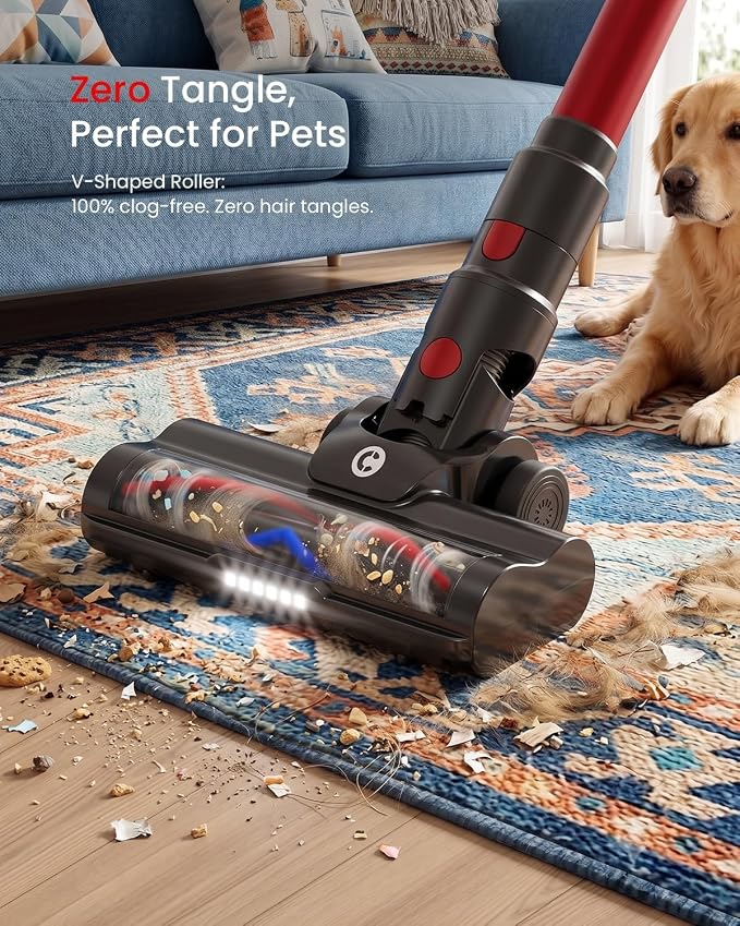 CHEBIO Lightweight Cordless Vacuum Cleaners for Home, Stick Vacuum Cordless Rechargeable with 45kPa Suction,45-Min Run,Anti-Tangle and Self-Stand, 6 in 1 Hardwood Vacuum Cleaner (red)
