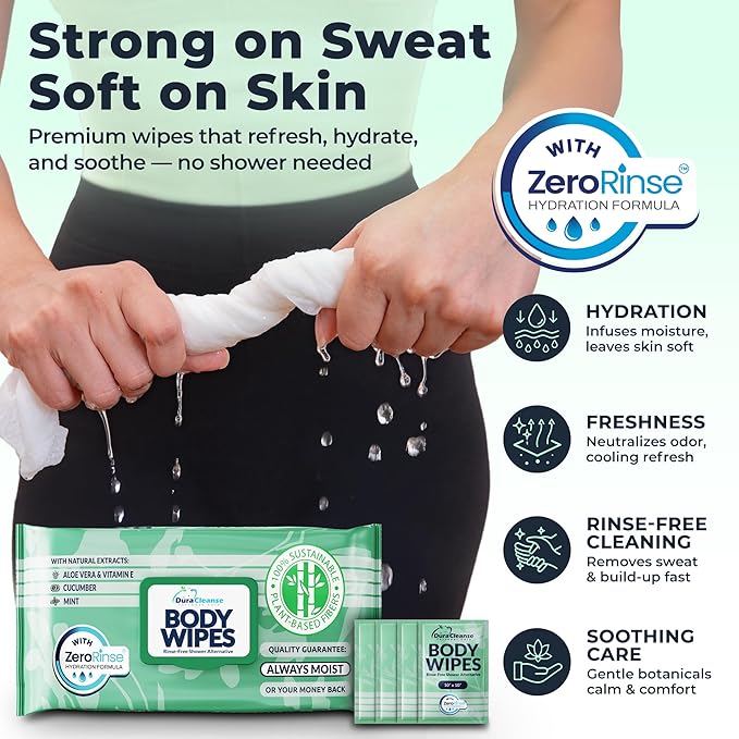 Body Wipes for Women, Extra Moist No Rinse Bathing Wipes - 50 XL Shower Cloths + 4 Travel Bath Sheets -10"x11.5" After Gym & Post Workout Deodorant, Disposable Washcloths, Womens Hygiene Essentials