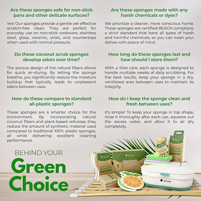 AIRNEX Natural Kitchen Sponges (24 Pack) - Biodegradable Cellulose & Coconut Scrubber Dish Sponges for Kitchen - Eco-Friendly, Non Scratch, Compostable, Non Toxic S-Shaped Natural Sponges for Dishes