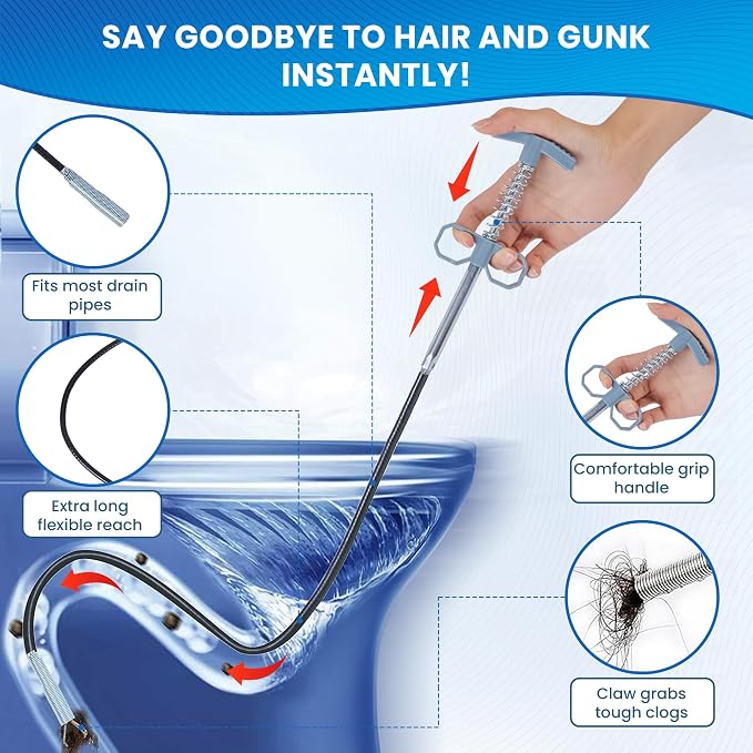 Drain Snake, 79 Inch Drain Clog Remover Tool with pair of Reusable Gloves – Flexible Grabber Claw Hair Drain Cleaner for Sink, Shower, Tub, Toilet, Bathroom & Kitchen Pipes