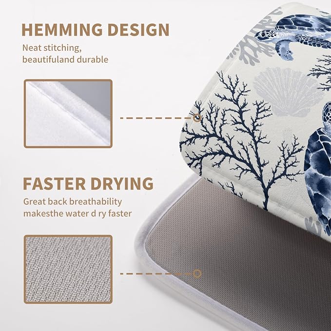 Nautical Coastal Dish Drying Mat Summer Beach Dish Pad for Kitchen Counter Ocean Coral Sea Turtle Absorbent Microfiber Dish Draining Reusable Washable Blue Dish Drainer Mat 16×18 Inch