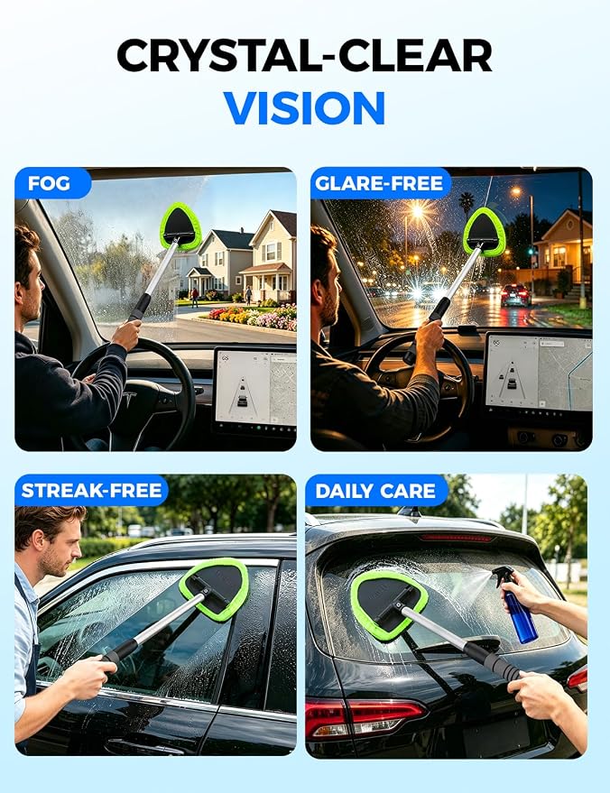 XINDELL Interior Windshield Cleaner Tool – Car Interior Window Cleaning Kit with Extendable Handle & 4 Microfiber Pads, Auto Wiper Inside Compact Windshield Brush for Car & Home Windows