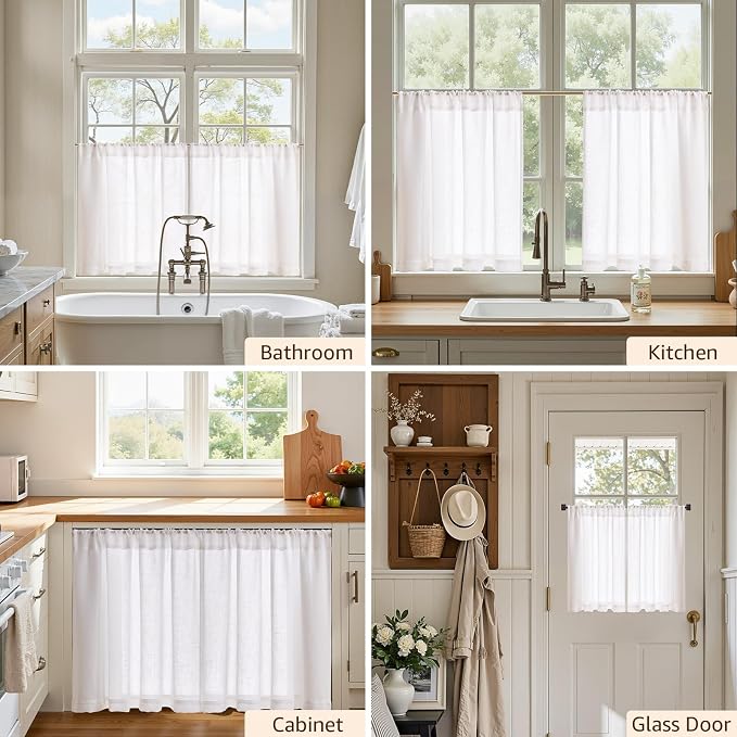 jinchan Linen Kitchen Tier Curtains, 38x24, 2 Panels, Beige White | Light filtering, linen blend, rod pocket, farmhouse style, rustic decor, kitchen, bathroom, laundry room, RV, small windows