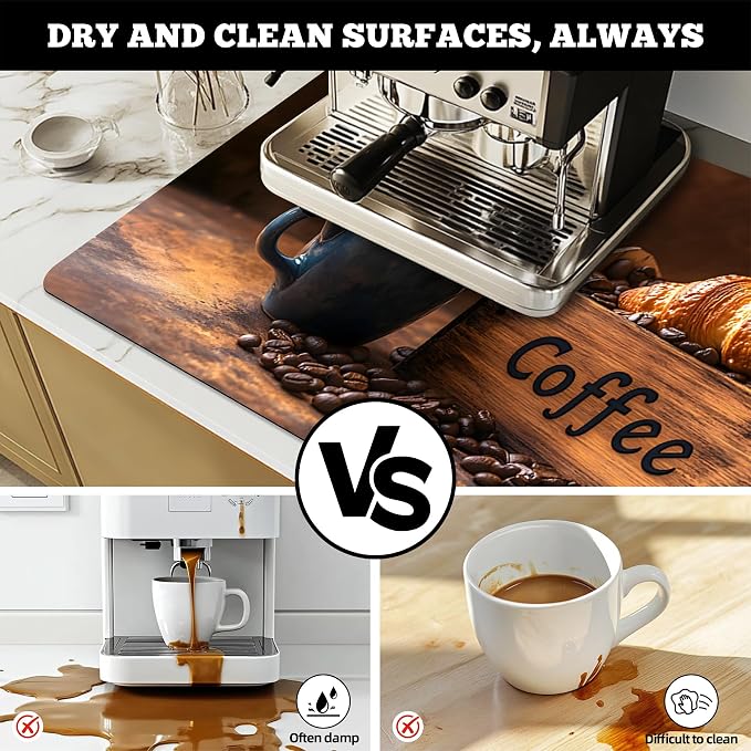 Dish Drying Mat Large Coffee Mat Absorbent Drying Mat for Kitchen Counter Coffee Bar Accessories 32"x 17", Coffee and Bread 1
