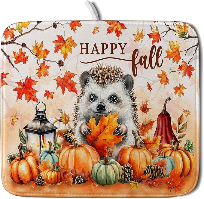 Happy Fall Dish Drying Mat - Cute Hedgehog Absorbent Drying Pad for Kitchen Counter