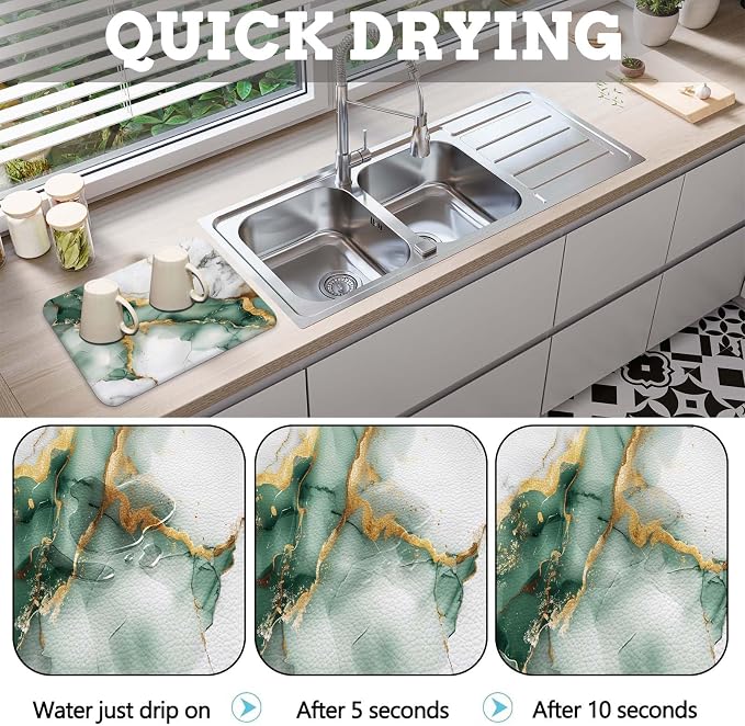 MCALK Marble Green Dish Drying Mat for Kitchen Counter, Luxurious Marble Texture Dish Drying Pad with Anti-Slip Rubber Base, Absorbent Kitchen Sink Mat with Modern Art Decor (1 pc 18" x 16")