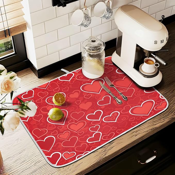 Red Hearts Cute Dish Drying Mat for Kitchen Counter Absorbent Microfiber Large Drying Pad Dish Mats for Kitchen Countertops 18 x 24 Inch