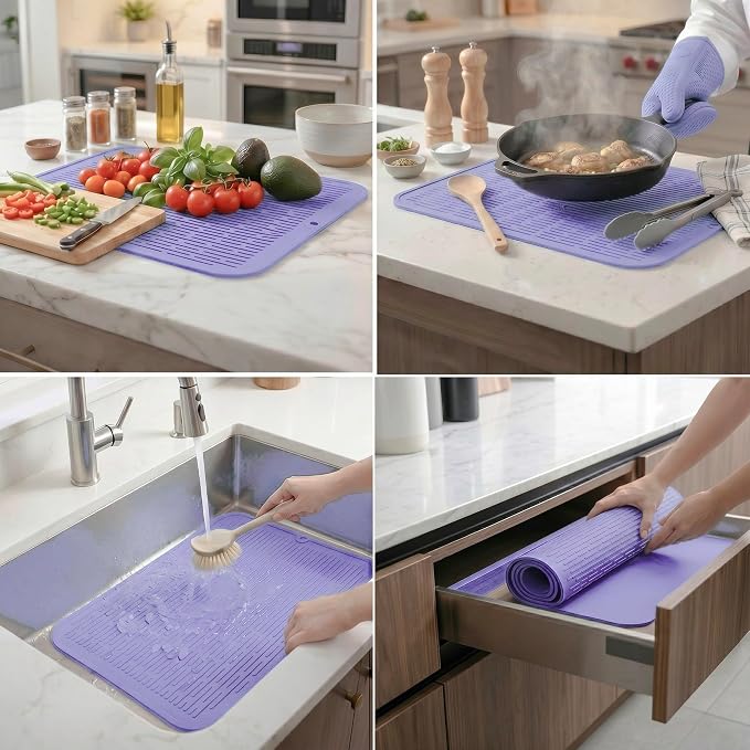 MicoYang Silicone Dish Drying Mat for Multiple Usage,Easy clean,Eco-friendly,Heat-resistant Silicone Mat for Kitchen Counter or Sink,Refrigerator or Drawer Liner Light Purple 2XL 24 inches x 18 inches