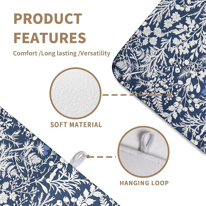 Blue and White Plant Dish Drying Mat Botanical Fern Leaves Floral Drying Mats for Kitchen Counter Microfiber Absorbent Dish Draining Mat Reusable Washable Dish Rack Pad 18x24 Inch