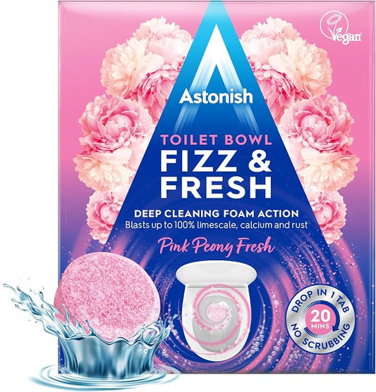 Astonish Toilet Bowl Cleaner Tablets, 8 Count – Fizzing Drop In Tabs Remove Limescale, Calcium & Rust – No Scrub Foaming Action, Vegan & Cruelty Free, Fresh Peony Scent