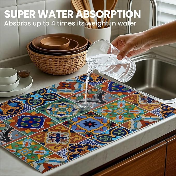 Talavera Mexican Tiles Dish Drying Mat For Kitchen Counter, Super Absorbent Microfiber Dish Drying Pad, Kitchen Gadgets For Easy Clean Multi-Use Large 18"x24"