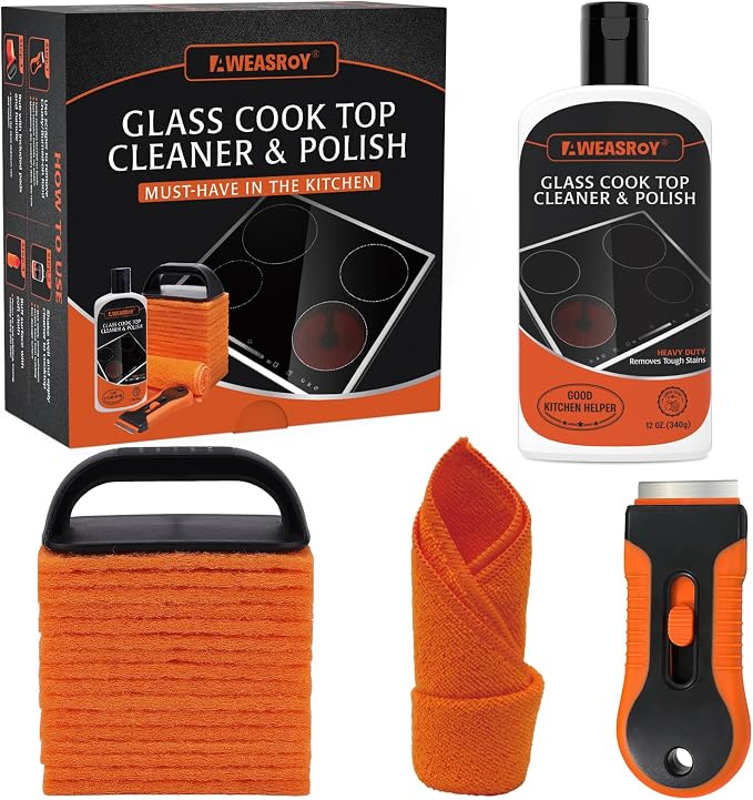 AWEASROY 20pcs Glass Stove Top Cleaner Kit - 12 oz Cooktop Cleaner Polish, Non-Abrasive No Scratch, Removes Tough Stains, Includes Scrubbing Pad, Scraper & Microfiber Cloth for Smooth Glass Surfaces
