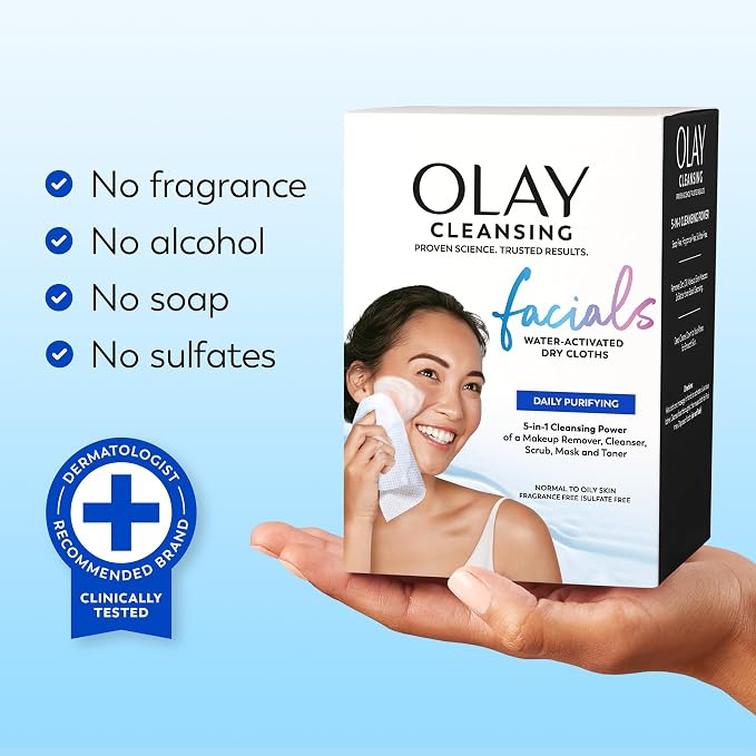Olay Makeup Remover Wipes, Daily Facials Deep Clean Face Cleanser for Normal to Oily Skin, Alcohol & Fragrance Free, Soft Face Wash Towels, Travel Essentials for Women, Convenient Dry Cloths, 66 ct