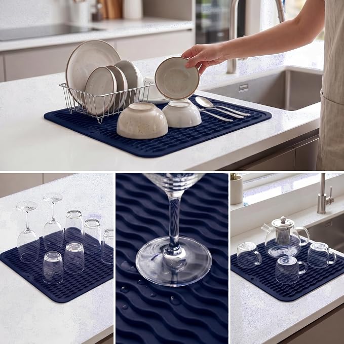 MicoYang Silicone Dish Drying Mat for Multiple Usage,Easy clean,Eco-friendly,Heat-resistant Silicone Mat for Kitchen Counter or Sink,Refrigerator or Drawer liner Navy Blue M 12 inches x 12 inches