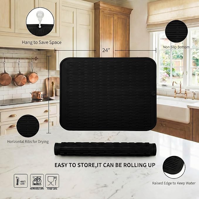MicoYang Silicone Dish Drying Mat for Multiple Usage,Easy clean,Eco-friendly,Heat-resistant Silicone Mat for Kitchen Counter or Sink,Refrigerator or Drawer Liner Black 2XL 24 inches x 18 inches