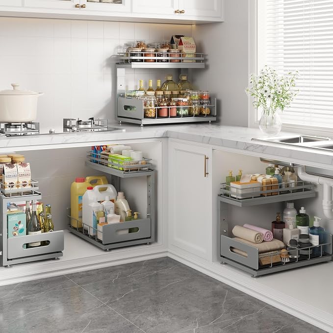 Under Sink Organizer Upgrade To Professional Rails,2-Tier Dual Pull Out Cabinet Storage,Height Adjustable Slide Out Drawers For Bathroom Kitchen,2 Pack-14.5"Dx12.8"-16.9"H,Gun Gray