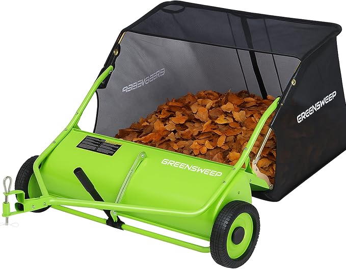 GreenSweep Pickup Tow 42-Inch Lawn Sweeper – Tow-Behind Leaf Collector for Ride-On Mowers – Adjustable Brush Height – Large Grass Catcher Hopper – Garden Debris Sweeper Attachment