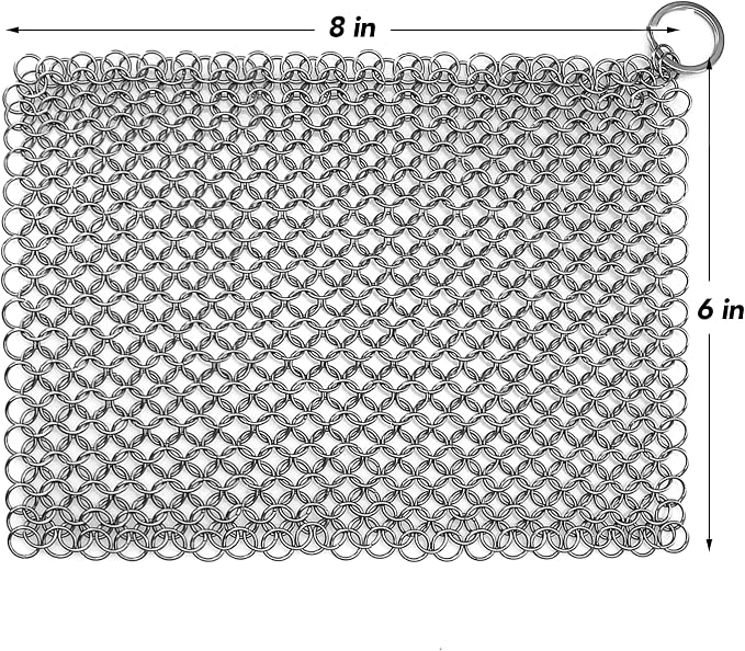 TOPULORS Cast Iron Chainmail Scrubber, 316L Stainless Steel Cleaner 8x6 in | Effectively Removes Residue Without Damaging Cast Iron Seasoning, Suitable For Skillets, Griddles, Grills, And Cookware