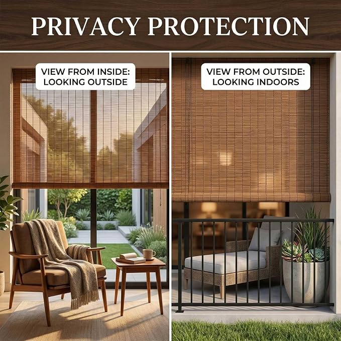 Weatherproof Patio Shades Roll Up Outdoor, 42" 53" 60" 65" 72" Reeds Bamboo Window Blinds, Light Filtering Balcony Privacy Screen and Garden Pergola Sun Protection(58" W x 64" H)