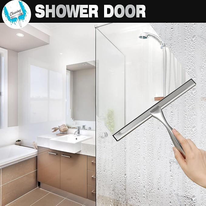 NETANY Shower Squeegee, 14-Inch Silver Squeegee, All-Purpose Stainless Steel Squeegee for Bathroom, Shower Doors, Mirrors, Tiles and Car Windows - 100% Streak Free