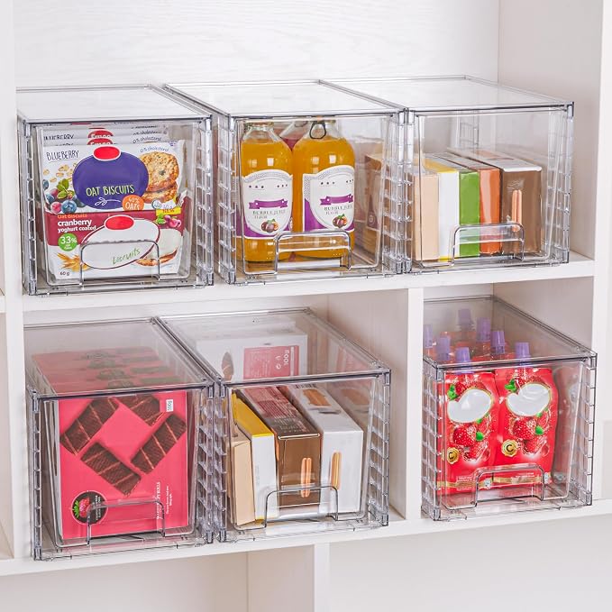 Vtopmart 8 Pack Large Stackable Storage Drawers,Clear Acrylic Drawer Organizers with Handles, Easily Assemble for Fridge, Bathroom,Kitchen Undersink,Cabinet,Pantry Organization and Storage