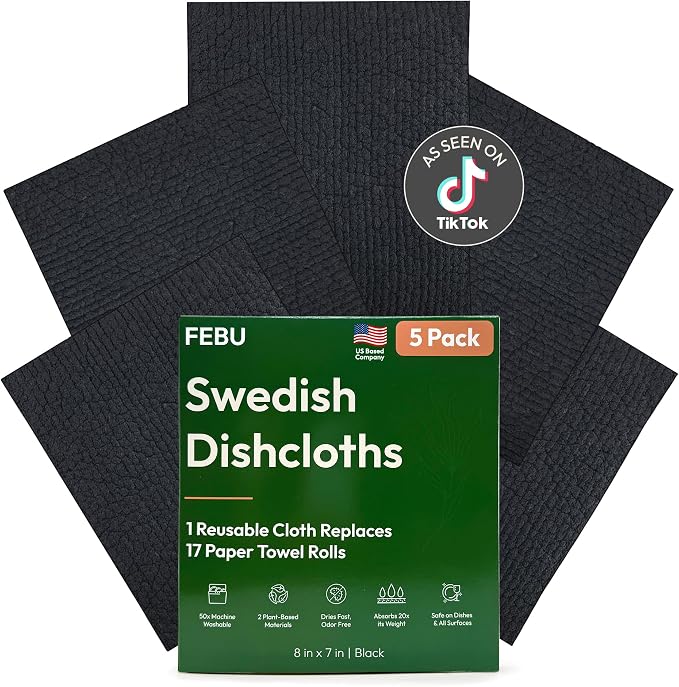 FEBU Swedish Dishcloths for Kitchen | 5 Pack Black Reusable Paper Towels Washable | Swedish Dish Towels | Non-Scratch Cellulose Sponge Cloths | No Odor, Biodegradable Cleaning Cloths