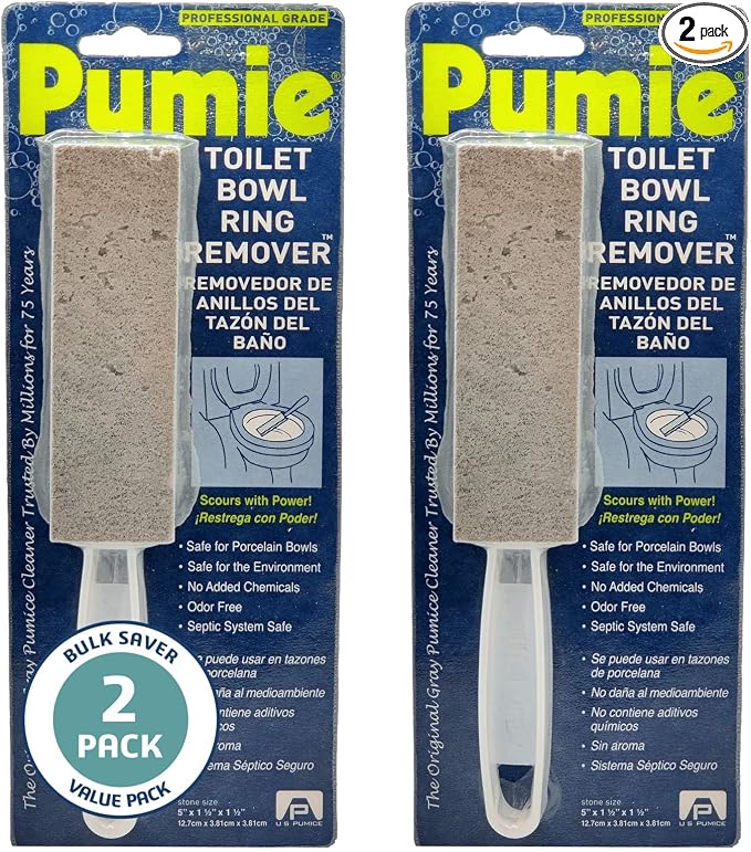 PUMIE Pumice Stone Toilet Bowl Cleaner (2-Pack) - Toilet Pumice Stone with Handle - Heavy Duty Scouring Stick for Rings, Bowls, Hard Water Stains, Lime, Rust, Sink - Includes Handle for Easy Use