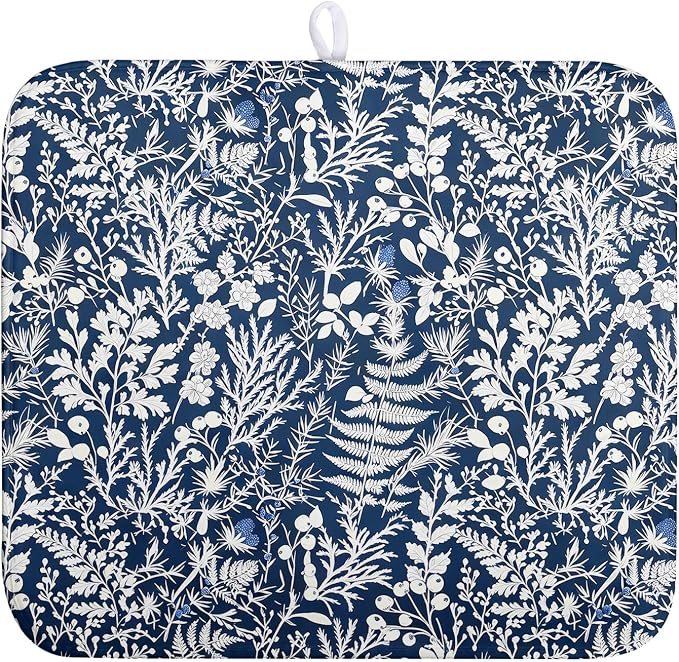 Blue and White Plant Dish Drying Mat Botanical Fern Leaves Floral Drying Mats for Kitchen Counter Microfiber Absorbent Dish Draining Mat Reusable Washable Dish Rack Pad 16x18 Inch