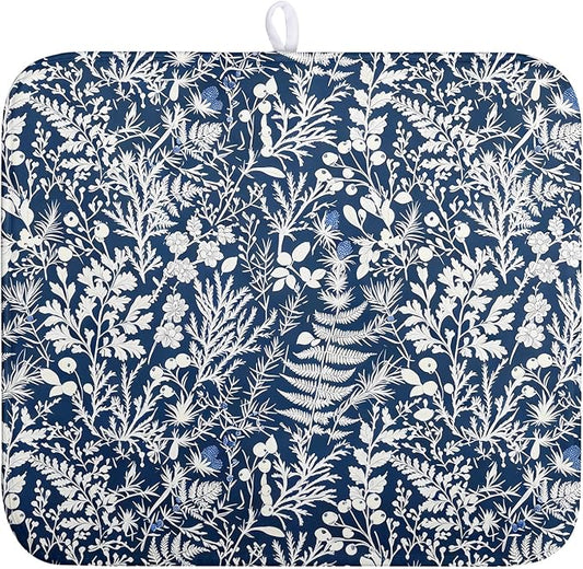 Blue and White Plant Dish Drying Mat Botanical Fern Leaves Floral Drying Mats for Kitchen Counter Microfiber Absorbent Dish Draining Mat Reusable Washable Dish Rack Pad 16x18 Inch