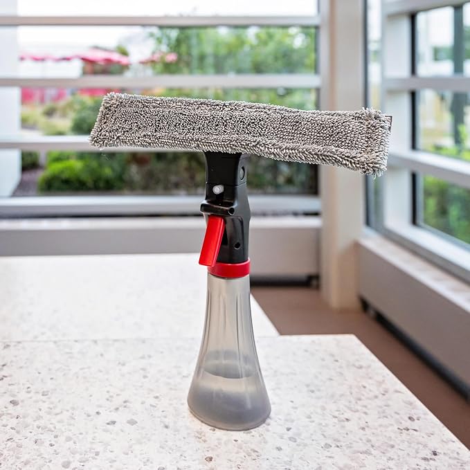 Libman 3-in-1 Window Squeegee Spray Tool – Spray Bottle with Microfiber Scrubber and Rubber Blade – All-in-One Glass Cleaner – Streak-Free Shine – Machine-Washable – Easy Storage & Use