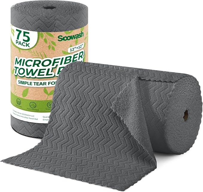 Microfiber Cleaning Cloths Roll, 75 Pack Tear Away Microfiber Towels Roll, 12" x 12" Lint Free Rags, Reusable Cleaning Cloths,Washable,Scratch Free,Ultra Absorbent Dish Rags(Dark Grey Ripple)