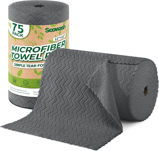 Microfiber Cleaning Cloths Roll, 75 Pack Tear Away Microfiber Towels Roll, 12" x 12" Lint Free Rags, Reusable Cleaning Cloths,Washable,Scratch Free,Ultra Absorbent Dish Rags(Dark Grey Ripple)