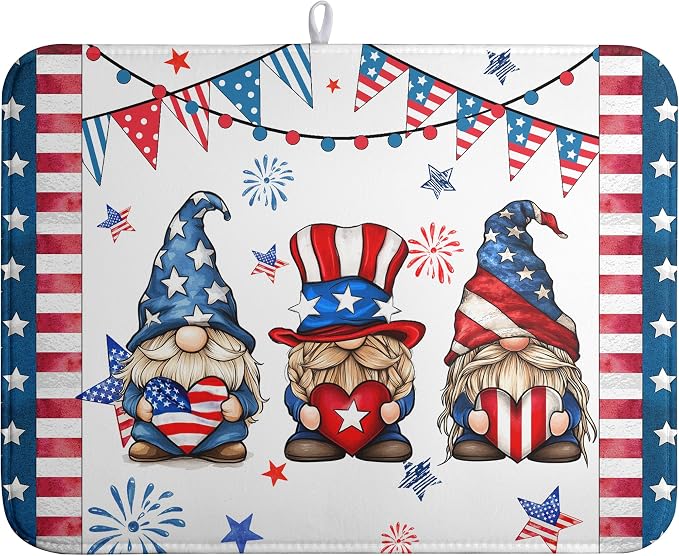 4th of July Gnomes Dish Drying Mat Patriotic Gnome Large Kitchen Mat Dish Drying Pad Absorbent Dish Dryer Mat for Kitchen Countertops Microfiber Drainer Pad Dish Drying Rack Mat (18x24 in)