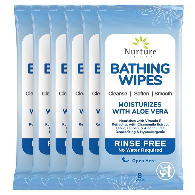 Nurture Rinse Free Bathing Disposable Adult Wipes w/Aloe - Waterless Care | 48 Wipes Waterless Cleansing Disposable Adult Body Bath Wet Wipes for Sensitive Dry Skin, Disabled & Bedridden Care Washcloth