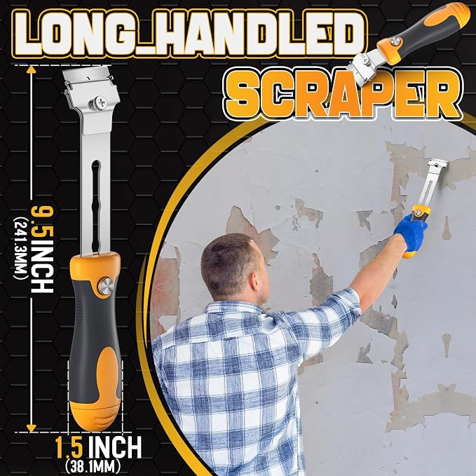 DIYSELF 12 Pack Razor Blade Scraper, Extendable Handle & 10 Extra Blades | Glass Scraper, Window Scraper & Oven Scraper for Cleaning Floors, Glass & Stove Tops, Blade Scraper and Protective Cover
