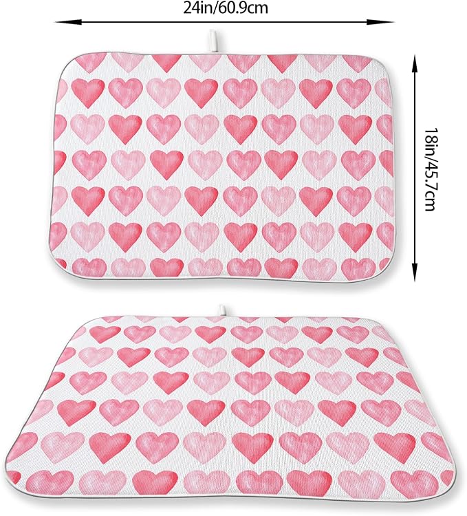Valentines Day Dish Drying Mats 18x24 Inch Love Pink Heart Drying Mats Anniversary Mother's Day Holiday Valentines Decorations Absorbent Drying Dish Mats for Kitchen Dining Room Counter Decor