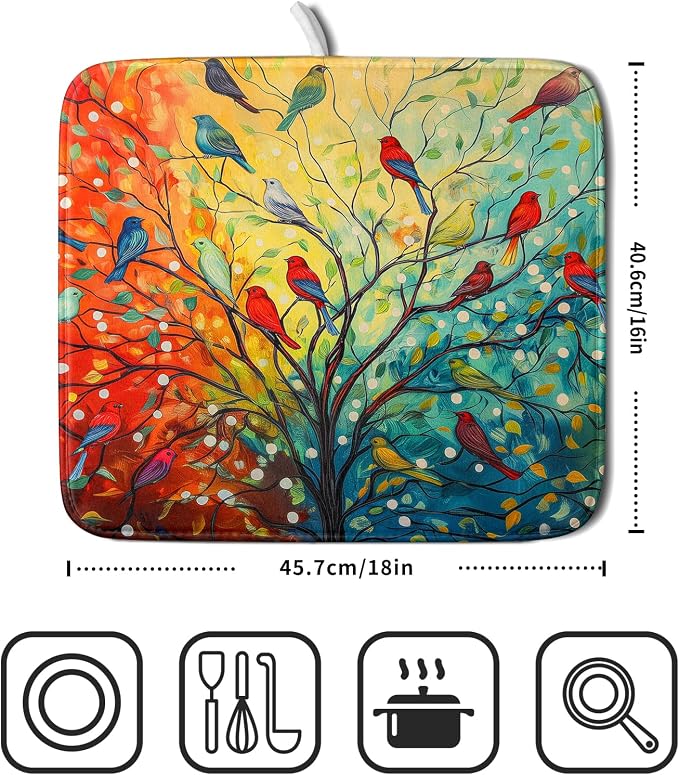 Colorful Spring Summer Tree Bird Dish Drying Mats for Kitchen Counter 16”x18” Absorbent Reversible Microfiber Spring Floral Dish Drying Pad Seasonal Flowers Mat Dish Draining Mat for Countertop Decor