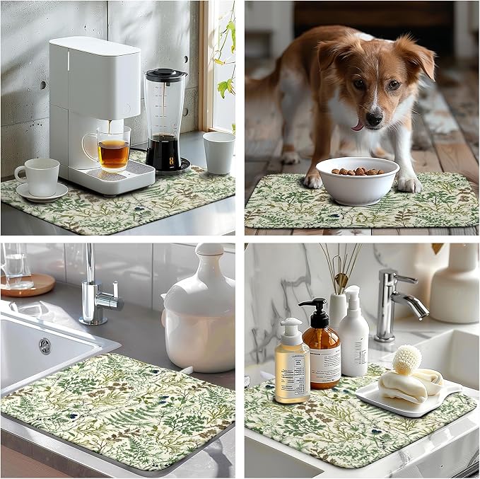 Sage Green Botanical Floral Dish Drying Mat for Kitchen Counter Vintage Herbs Fern Leaves Plant Drying Mats Absorbent Microfiber Dishes Drainer Mats Washable Dish Draining Pad Medium 16"x18"