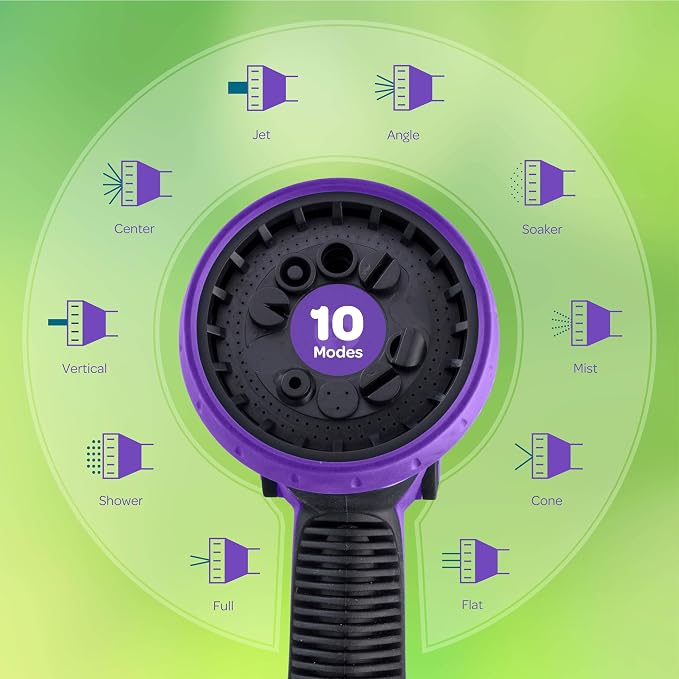 Hose Nozzle [Purple] Heavy Duty Hose Sprayer With 10 Adjustable Watering Patterns. Thumb Control Design, Comfortable Ergonomic Grip, Garden Hose Nozzle for Watering Plants & Lawns/Fun showers/Cleaning