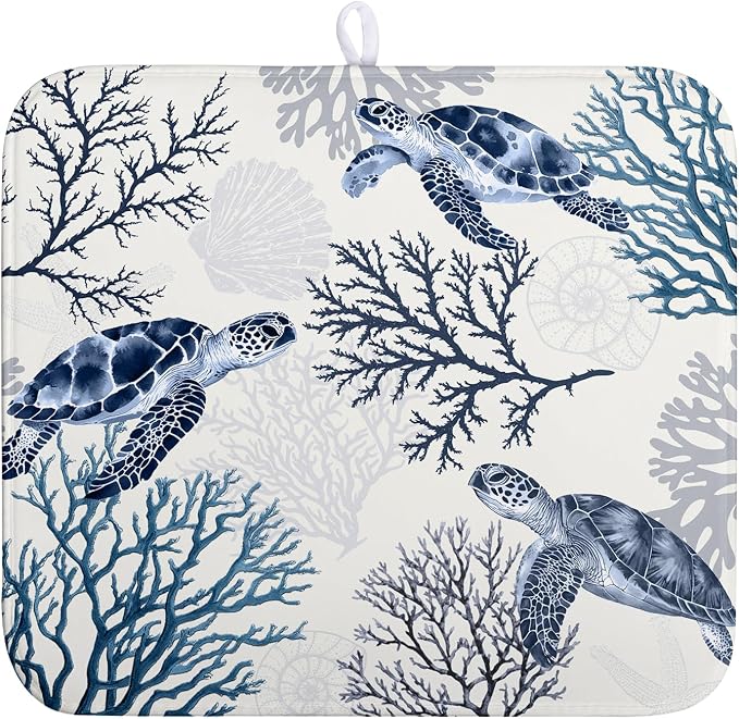 Nautical Coastal Dish Drying Mat Summer Beach Dish Pad for Kitchen Counter Ocean Coral Sea Turtle Absorbent Microfiber Dish Draining Reusable Washable Blue Dish Drainer Mat 16×18 Inch