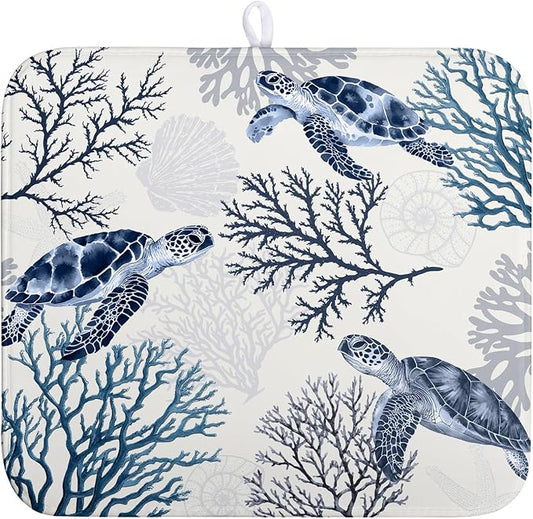 Nautical Coastal Dish Drying Mat Summer Beach Dish Pad for Kitchen Counter Ocean Coral Sea Turtle Absorbent Microfiber Dish Draining Reusable Washable Blue Dish Drainer Mat 16×18 Inch