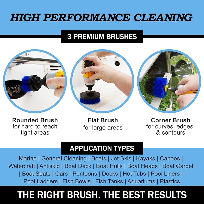 Drillbrush Boat Accessories – Kayak Cleaning Kit – Boat Cleaning Brush Kit – Marine Scrub Brush Attachment for Drill – Rotary Brushes for Boats – Motorized Hull Power Scrubber Set - Hull Cleaner Set