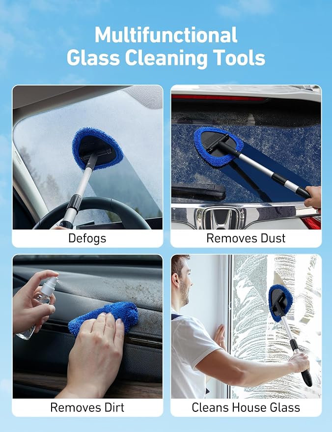 AstroAI Car Windshield Cleaner Tool, Window Cleaning Kit with 39in Car Mirror Squeegee, 4 Reusable Microfiber Pads and Extendable Handle, Blue