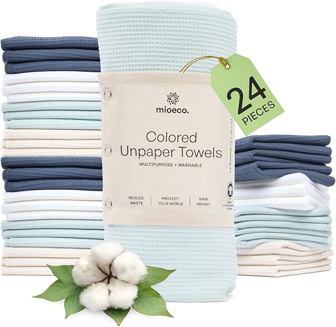mioeco 24 Pack Multicolored Reusable Paper Towels - Nature Friendly - Organic Cotton Alternative - Thick, Strong, Paperless Kitchen Dish Cloths - Reusable Napkins - Dish Towels - Cloth Napkin
