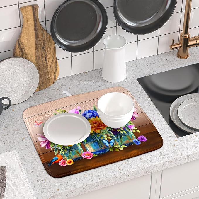 Colorful Flowers Dish Drying Mat for Kitchen Counter 16x18in Spring Summer Flower Vases Dish Mat Drying Absorbent Microfiber Dish Drainer Rack Mats Botanical Floral Dishes Pad for Countertops