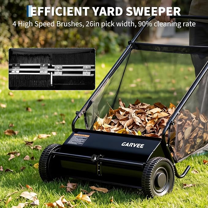 Push Lawn Sweeper 26Inch-Heavy Duty Walk Behind Leaf Collector and Yard Sweeper for Outdoor,Patio,Driveway,Garden Grass Sweepers,4 High Speed Spinning Brush,7 Cu. ft. Hopper Capacity | Yard Sweeper for Outdoor,Patio,Driveway,Garden Grass Sweepers,4 Hig...