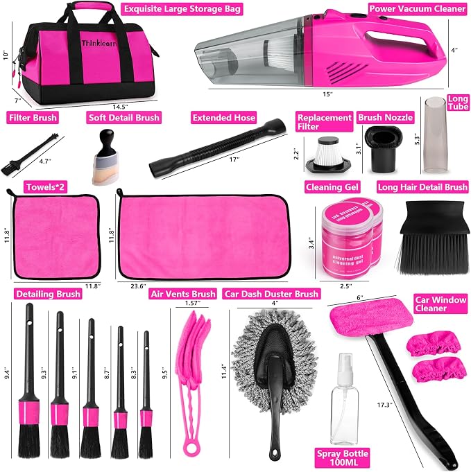 ThinkLearn Car Cleaning Kit with High Power Car Vacuum Detailing Kit | Cute Pink，Powerful 8000Pa Suction，15ft Long Cord，24piece Set，Interior Cleaning Deep Cleaning，Car Accessories Gift For Women