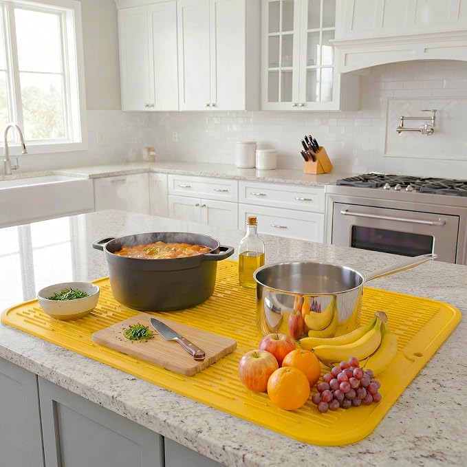 MicoYang Silicone Dish Drying Mat for Multiple Usage,Easy clean,Eco-friendly,Heat-resistant Silicone Mat for Kitchen Counter or Sink,Refrigerator or Drawer Liner Yellow 2XL 24 inches x 18 inches