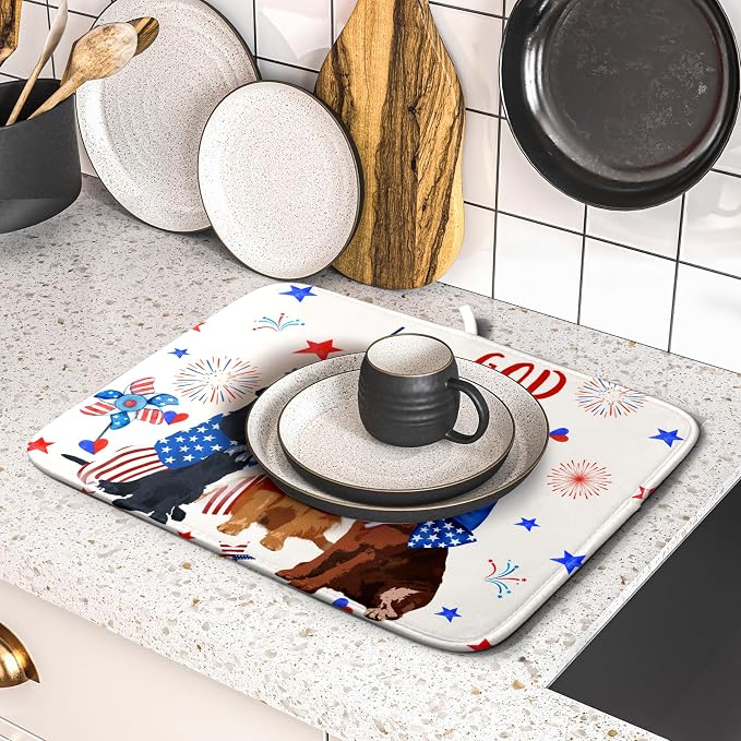 Giwawa 4th of July Patriotic Dogs Dish Drying Mat American Independence Day Dish Dry Pad 16"x18" Absorbent Dishes Drainer Mat for Kitchen Counter